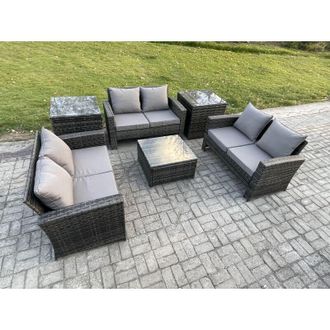 Fimous 6 pcs Outdoor Lounge Sofa Set Wicker pe Rattan Garden Furniture Set with Square Coffee Table Double Seat Sofa 2 Side Tables Dark Grey Mixed - Fimous