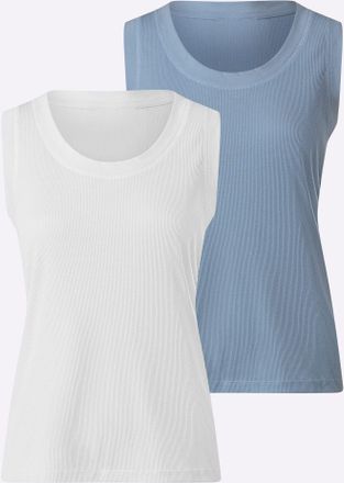 Heine Shirttop HEINE, Damen, Gr. 34, bleu, ecru, 65% Polyester, 35% Baumwolle, unifarben, Rundhals, Tops Shirttop