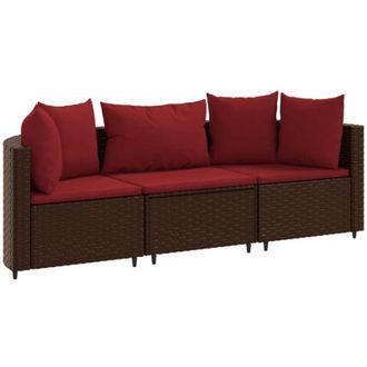 vidaXL Set Sof&aacute;s De Jard&iacute;n 3 Piezas Y Cojines Rat&aacute;n Sint&eacute;tico Marr&oacute;n Vidaxl