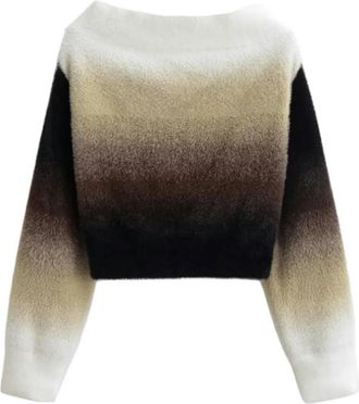 Generic Retro one-line Collar Furry Knitted top for Women Gradient Loose Long-Sleeved Pullover Sweater-White Brown Black-M