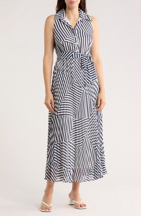 Sandra Darren Stripe Sleeveless Pleated Shirtdress in Navy/White at Nordstrom Rack, Size 12