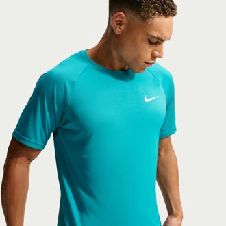 Nike Mens Swim Hydroguard Essential Dri-FIT UV Short Sleeve Top in Green | NESSA586-385