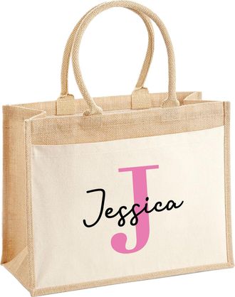 eBuy GB Personalised Jute Lunch Bag with Pink Initial & Name, Reusable Bag for Life, Bridesmaid Gift Bag, Back to School, Work Bag, Gift for Her (Medium)