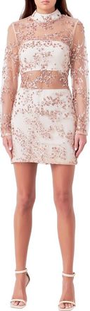 endless rose Long Sleeve Sequin Minidress in Champagne at Nordstrom, Size X-Small