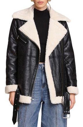 Avec Les Filles Faux Leather Biker Jacket with Faux Shearling Collar in Black-Cream at Nordstrom Rack, Size Xx-Small