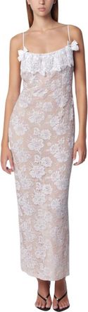 Alessandra Rich Kleedjes, Dames, Wit, S, Katoen, Lace Slip Dress with Sequin-Embroidered Ruffle