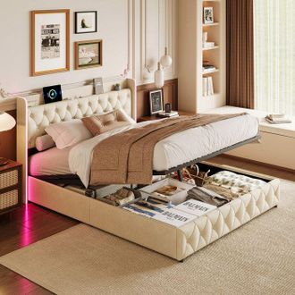 OEM Estructura De Cama 160x200 Cm En Terciopelo Beige Con Led Rgb, Almacenamiento Y Cabecera Con Carga Usb