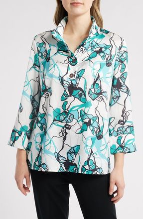 Ming Wang Abstract Print Button-Up Shirt in Emerald Awe Multi at Nordstrom, Size Xx-Small