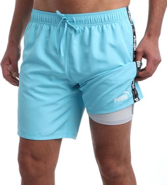 Puma Mens Bathing Suit - Quick Dry Swimsuit Trunks with Mesh Compression Liner - 8 Inseam Swimwear (S-XL), Blue Aqua Taping, M