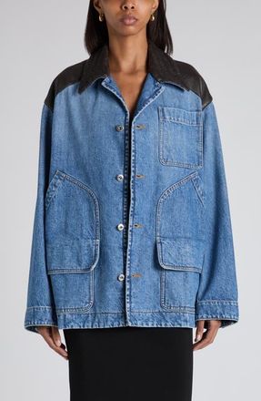 Bottega Veneta Intrecciato Collar Oversize Indigo Denim Jacket in Mid Blue at Nordstrom, Size 36
