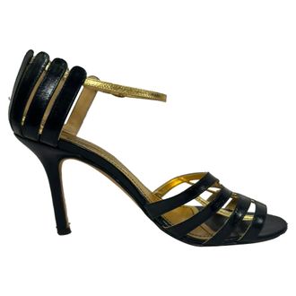 Manolo Blahnik Two Tone Ankle Strap Sandals in Black Leather