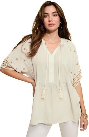 Roaman's Plus Size Crinkle Rayon Tie Neck Embroidered Blouse in Ivory Embellishment Sleeve at Nordstrom, Size 28