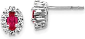 Diamond2Deal 14k Gold 1/5 Ct Lab Grown Diamond and Oval Created Ruby Halo Stud Earrings