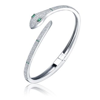 Rachel Glauber RG White Gold Plated with Emerald & Cubic Zirconia Snake Bypass Coil Wrap Bangle Bracelet