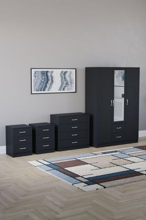 Home Discount Vida Designs 4Pc Bedroom Set 2x3Bedside, 4 Drawer, 3Dr Mirror Wardrobe in Black