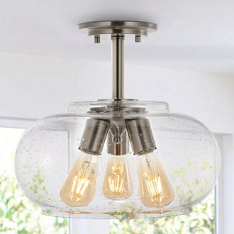 Jonathan Y Designs Lina 13.75 3-Light Modern Industrial Iron/Seeded Glass LED Semi Flush Mount