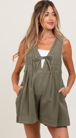 Pinkblush Deep V-Neck Pleated Front Tie Sleeveless Romper in Olive Green at Nordstrom, Size Medium