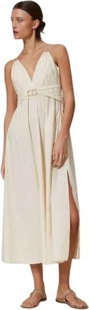 Twinset Elastische Katoenen Maxi Jurk met Gouden Gesp - Dames - Casual kleedjes - Beige - S - Katoen - Kleedjes