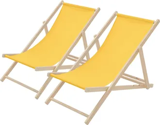 ECD Germany 2x Silla De Playa Madera De Pino 3 Posiciones De Reclinaci&oacute;n Plegable Tumbona Tradicional Para Jard&iacute;n O Balc&oacute;n Amarilla Impermeable Hasta 120kg Tejido