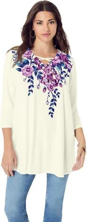 Roaman's Criss Cross Ultra Drape Swing Tunic in Ivory Purple Roses at Nordstrom, Size 12