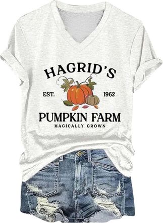 Generic Halloween Tee Shirt for Women UK Fashion Casual Letter Halloween Pumpkin Print V Neck Short Sleeve Top T Shirt for Party Festival Outdoor Wedding (Whi