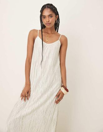 Vila plisse cami maxi slip dress in pale silt green tie dye-White