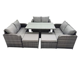 Fimous 8-seater Patio Height Adjustable Rising Lifting Table Sofa Set in Dark Grey