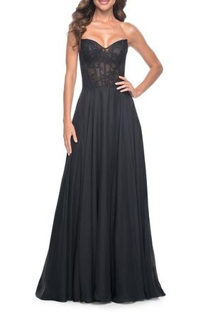 La Femme Strapless Chiffon Prom Gown with Lace Illusion Bodice in Black at Nordstrom, Size 12