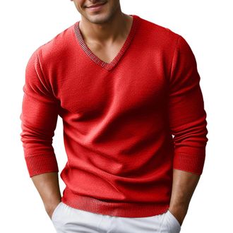 Generic Mens V-Neck Long Sleeve Casual Solid Colour Sweater Chic and Elegant Slim Soft Comfortable Lightweight Pullover Autumn Winter Outdoor Versatile Sweate