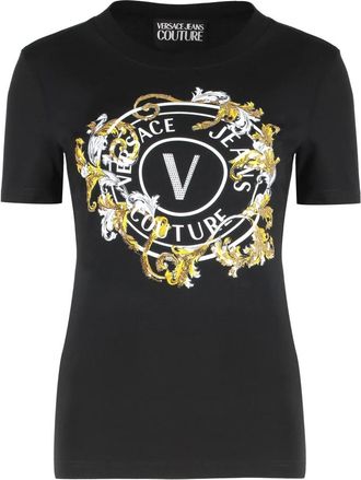 Versace Jeans Couture Tops, Dames, Zwart, S, Katoen, Cotton T-shirt met ronde hals