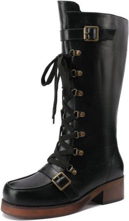 Generic Womens Lace Up Knight Boots with Buckle Round Toe PU Leather Retro Dress Shoes Block Heel Platform Long Boot,Black,7.5 UK