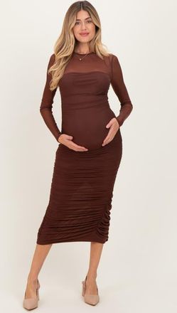 Pinkblush Mesh Ruched Long Sleeve Midi Dress in Brown at Nordstrom, Size Medium