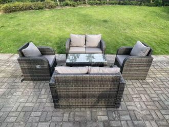Fimous 6 Seater Dark Grey PE Rattan Garden Furniture Set Reclining Chair 2 Seater Love Sofa Set Coffee Table