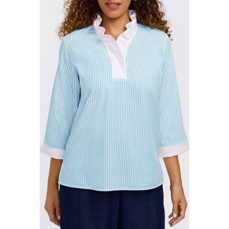 Foxcroft Tammy Ruffle Collar Cotton Top in Capri Blue/White at Nordstrom, Size X-Large