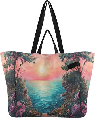 Generic Flower Pink Sunset pattern Reusable Canvas Tote Bag, Heavy Duty Grocery Shopping Bag with Large Capacity Double Handles Hard Bottom Work Groceries Tra