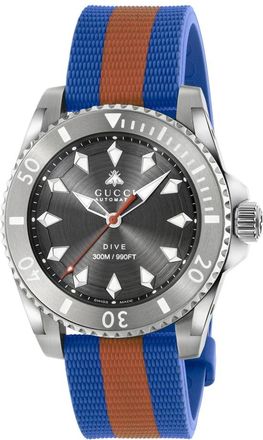 Gucci Accessoires, Dames, Veelkleurig, ONE Size, 40 mm stalen kast, donkergrijze wijzerplaat met bij, stalen lunet, rubberen band