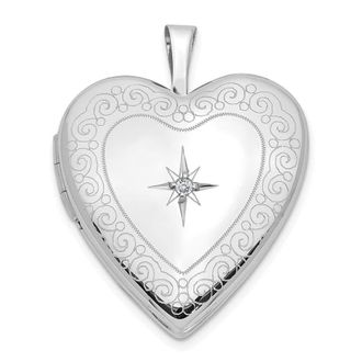 Diamond2Deal 14K White Gold Diamond Star with Side Swirl Edge 20mm Heart Locket