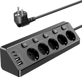 OEM Regleta De 5 Enchufes Para Encimera De Cocina Con Interruptor Y Cable Alargador De 2 M Para Muebles, Sof&aacute;s, Escritorios Y Mesas, Color Negro