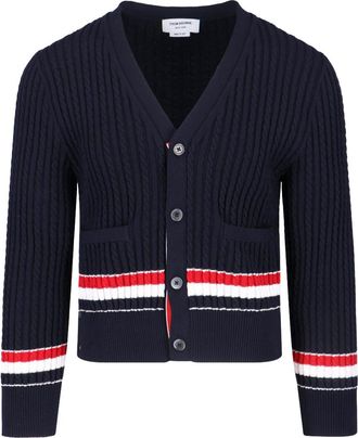 Thom Browne Navy Blue Knitted Cotton V-Neck Cardigan