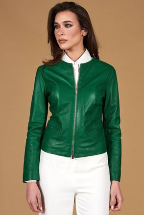 D'Arienzo Giacca in pelle naturale verde effetto liscio con girocollo DArienzo, Seleziona Taglia S, Colore Verde