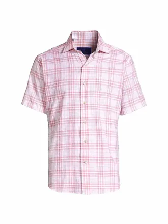 David Donahue Mens Berry Textured Plaid Short Sleeve Shirt In Pink