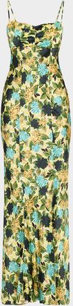 Saloni Renee Long Floral Silk Spaghetti-Strap Dress