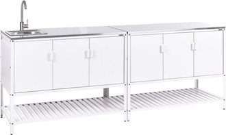 Beliani Outdoor Kitchen Cabinet White Stainless Steel 3 Door Unit with Top Garden Kitchen Dining MAENZA