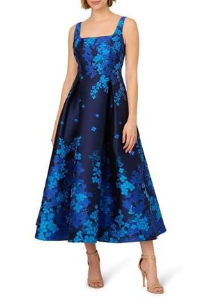 Adrianna Papell Border Sleeveless Jacquard Fit & Flare Midi Dress in Blue Multi at Nordstrom Rack, Size 4