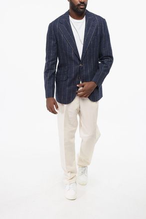 Brunello Cucinelli Blazer Semifoderato in Misto Lino Gessato Brunello Cucinelli