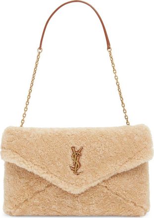 Saint Laurent Cassandre Genuine Shearling Shoulder Bag in Naturel/Brick at Nordstrom