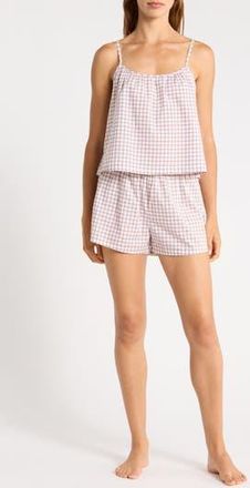 Abound Grid Cotton Crop Camisole & Shorts Pajamas in White- Brown Mini Check at Nordstrom Rack, Size X-Large