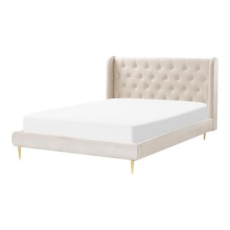 Beliani Cama Con Somier De Terciopelo Beige Dorado 140 X 200 Cm Cabecero Capiton&eacute; Forbach
