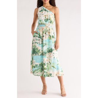 Sugarlips Piti Town Islay Smocked One-Shoulder Midi Dress in Aqua-Multi at Nordstrom, Size X-Small