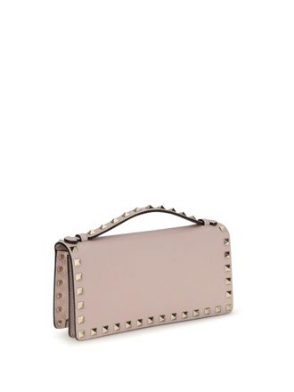 Valentino Garavani Womens Rockstud Chain Wallet Rose Quartz Calf Leather Bos Taurus